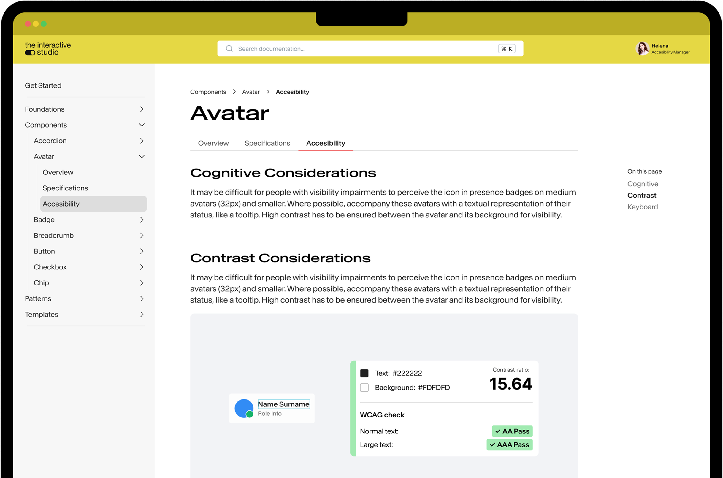 Design system documentation with accessibility guidelines